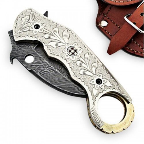 Damascus handmade folding knife beautiful structure with free leather sheath